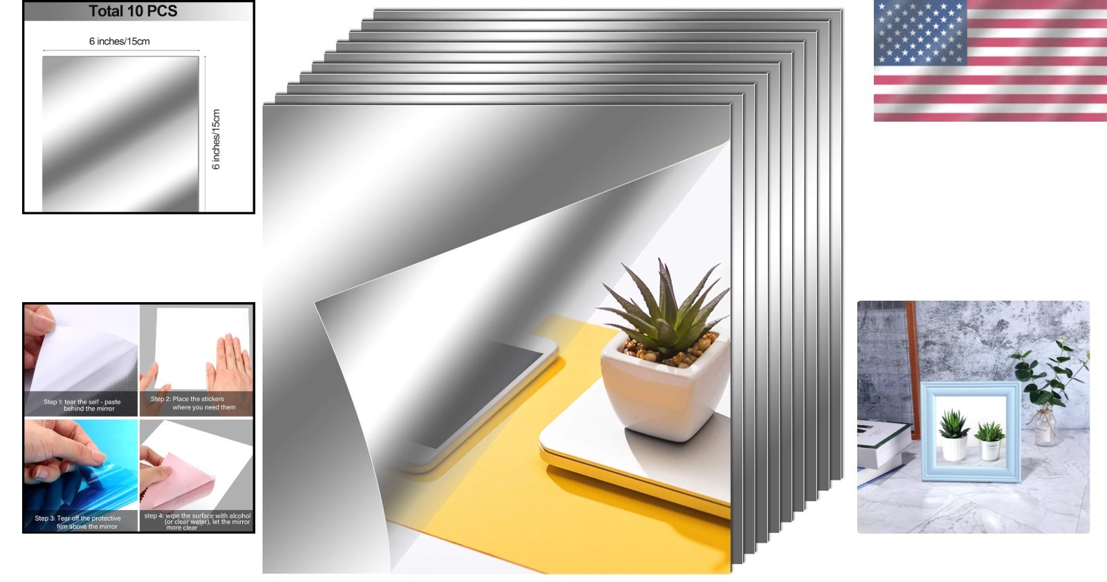 Thin and Lightweight Self-Adhesive Mirror Panels – 10x 6×6" for Easy Decor