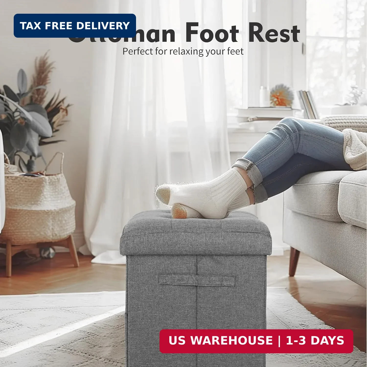 Storage Ottoman. Foot Rest Stool with Thicker Foam Padded Seat. Linen Footstool