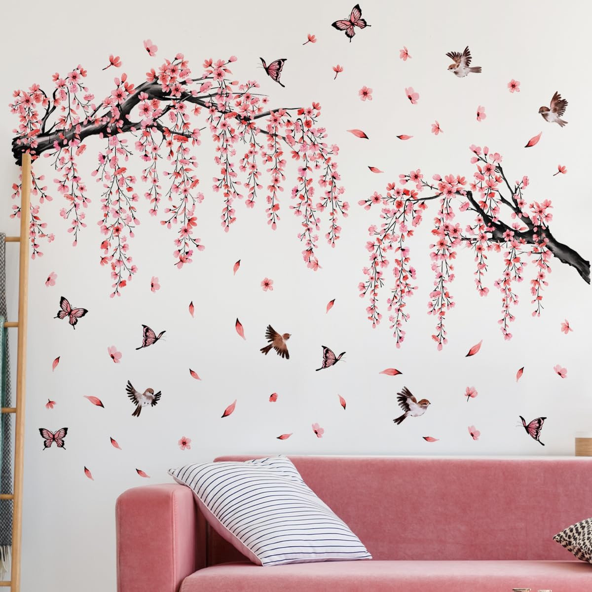 Large Cherry Blossom Wall Decals with Butterflies and Birds, Pink Floral Tree Br