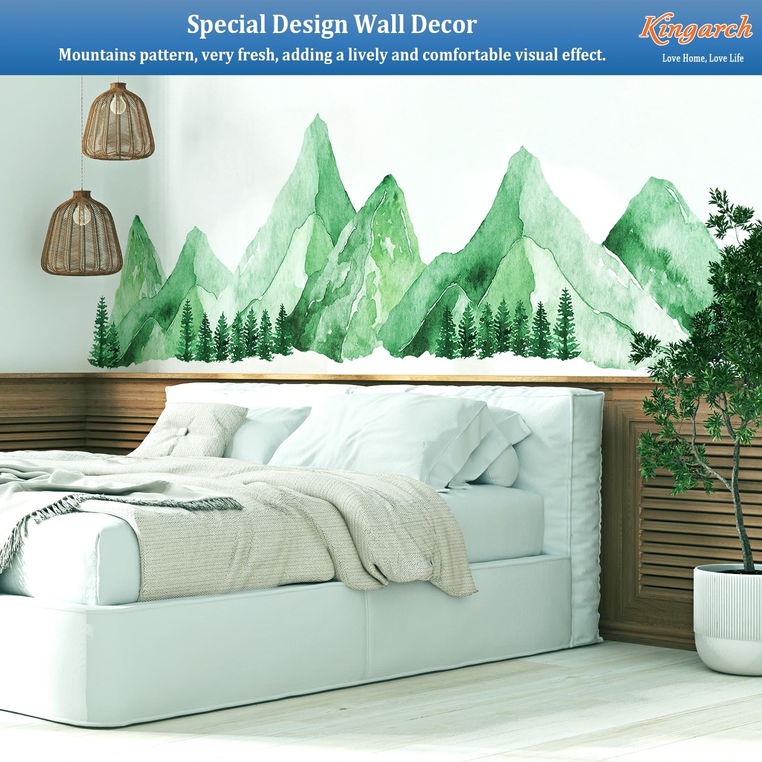 Green Watercolor Mountain Wall Decals Peel and Stick – Scenic Forest Range Mu…