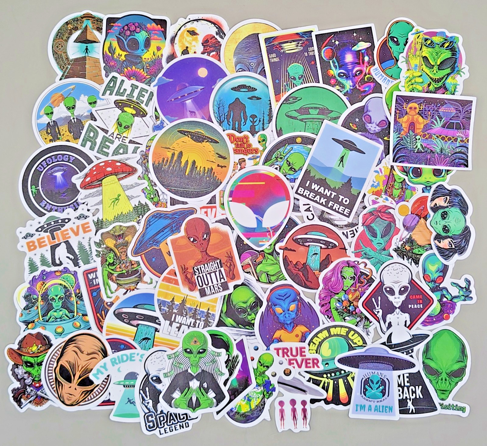 60 Pack Alien UFO Stickers Vinyl Decals Extraterrestrial Space Martian Retro Lot