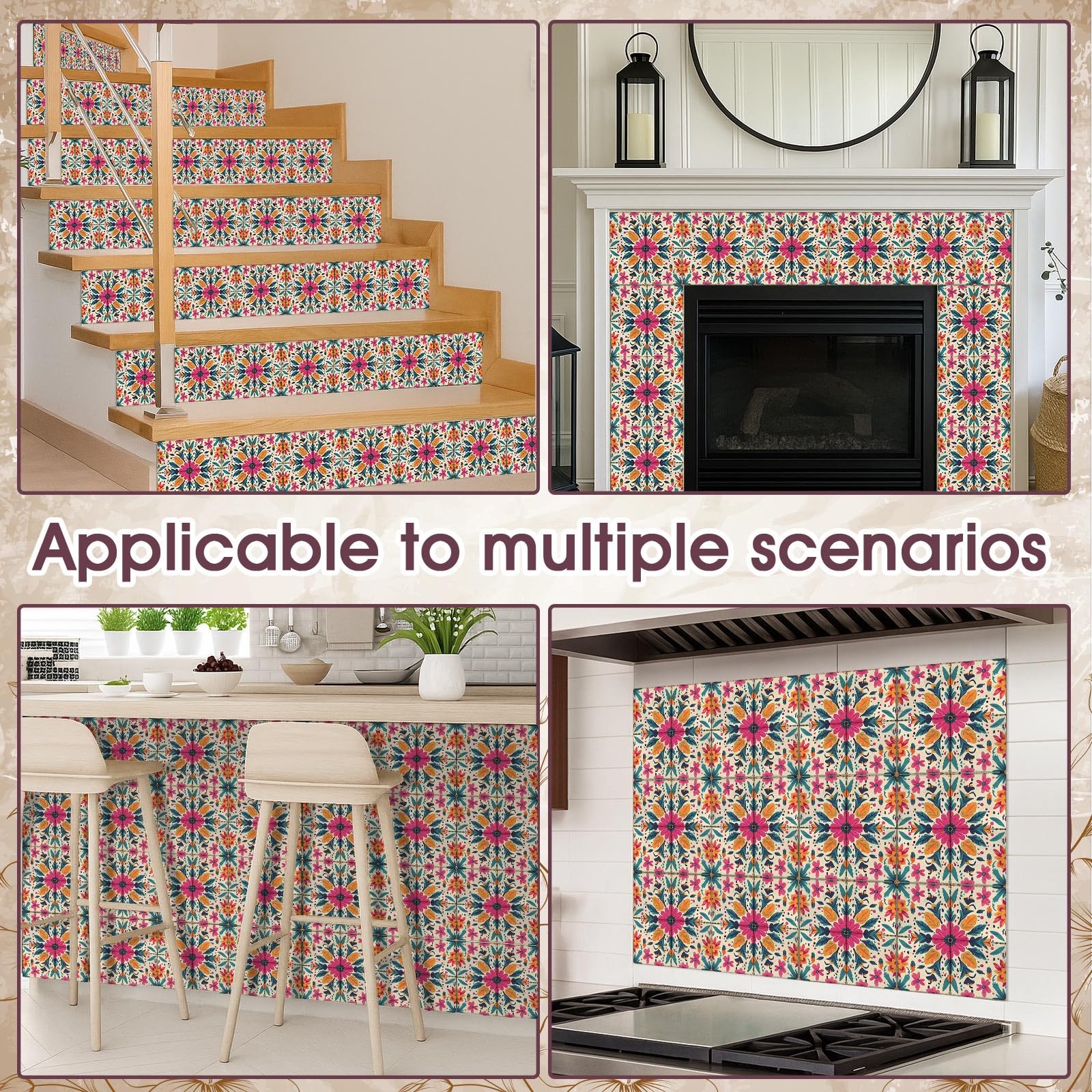 24 Pcs Vintage Tile Stickers 4×4 Inch Vintage Pink Flower Peel Stick Rustic R…