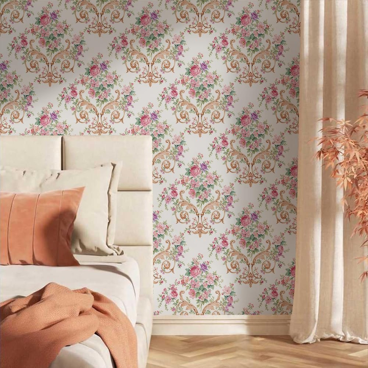 Vintage Pink Damask Flowers Pink Rose Floral Peel and Stick Wallpaper Wall De…