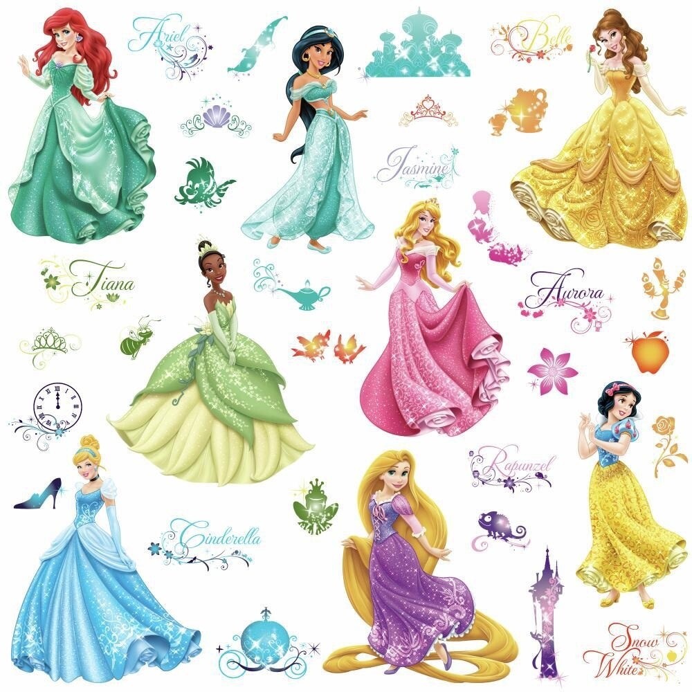 37 Disney Princess ROYAL DEBUT Wall Decals Ariel Rapunzel Glitter Stickers Decor
