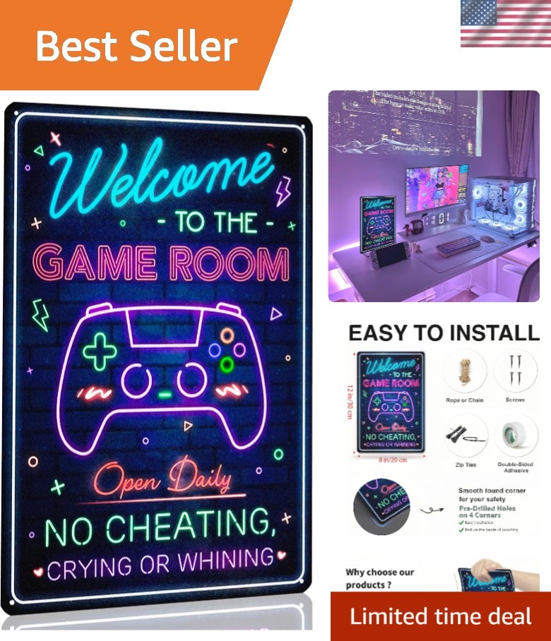 Cyberpunk Neon Gaming Decor – Welcome to the Game Room Sign, 8 x 12