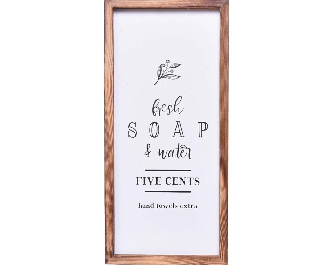 House Bathroom Decor – Modern Rustic Wall Art 8 x 17" – Fresh Soap and Water