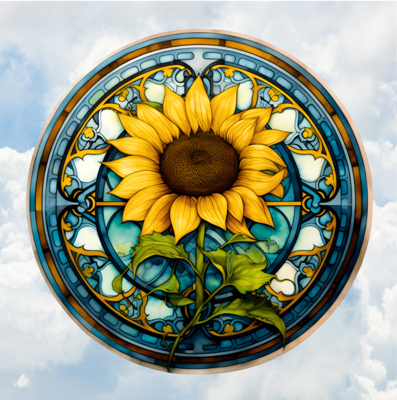 Sunflower Faux Stained-Glass WINDOW CLING Sun-catcher Size 8" Round Vinyl