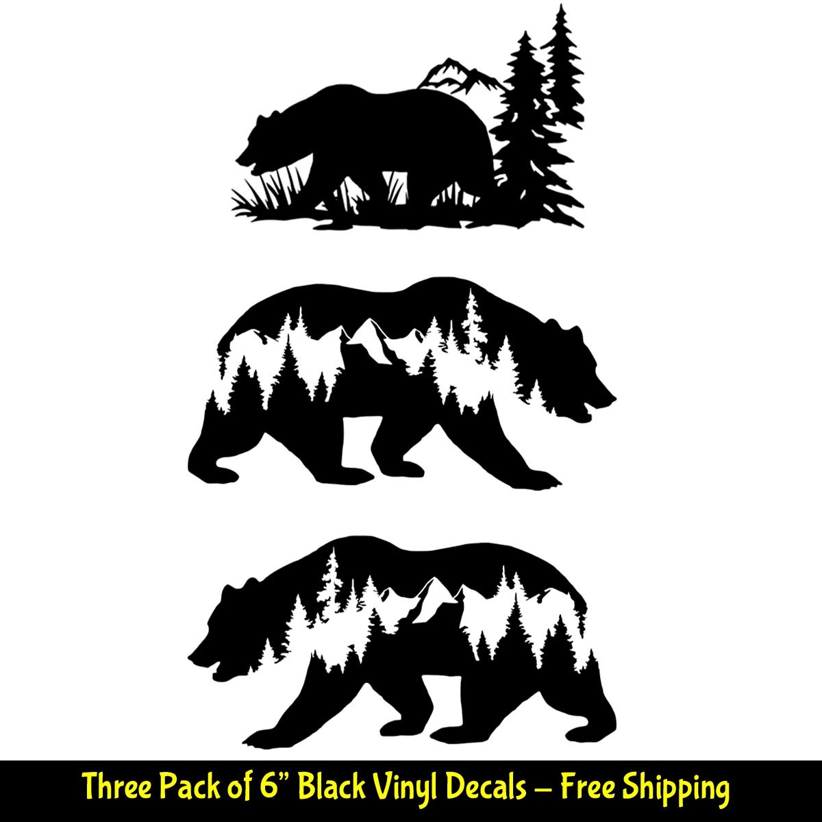 Bear Mountain Forest Three PK 6" Black Vinyl Decals Car Truck Bumpers
