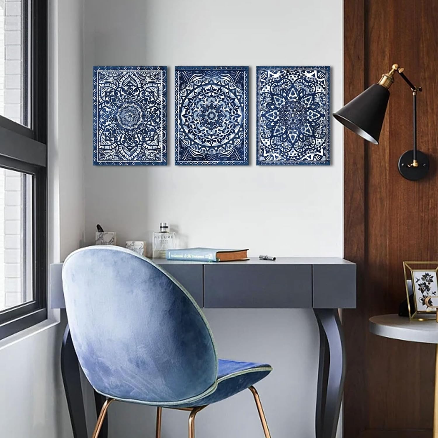 Mandala Art Prints Set – Navy Blue Wall Decor – 12×16 inches