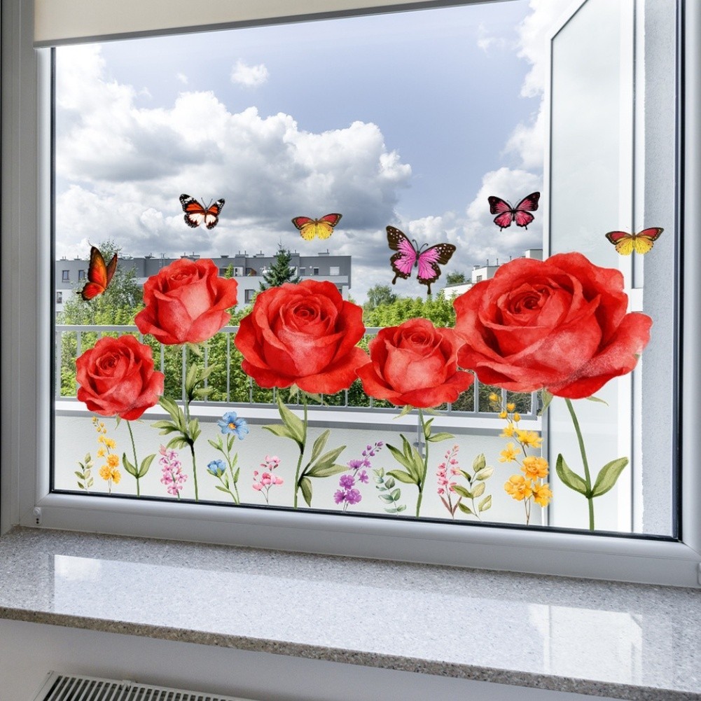 Floral Art Static Cling Sticker Red Roses Butterflies PVC 11.81 x 23.62 inches