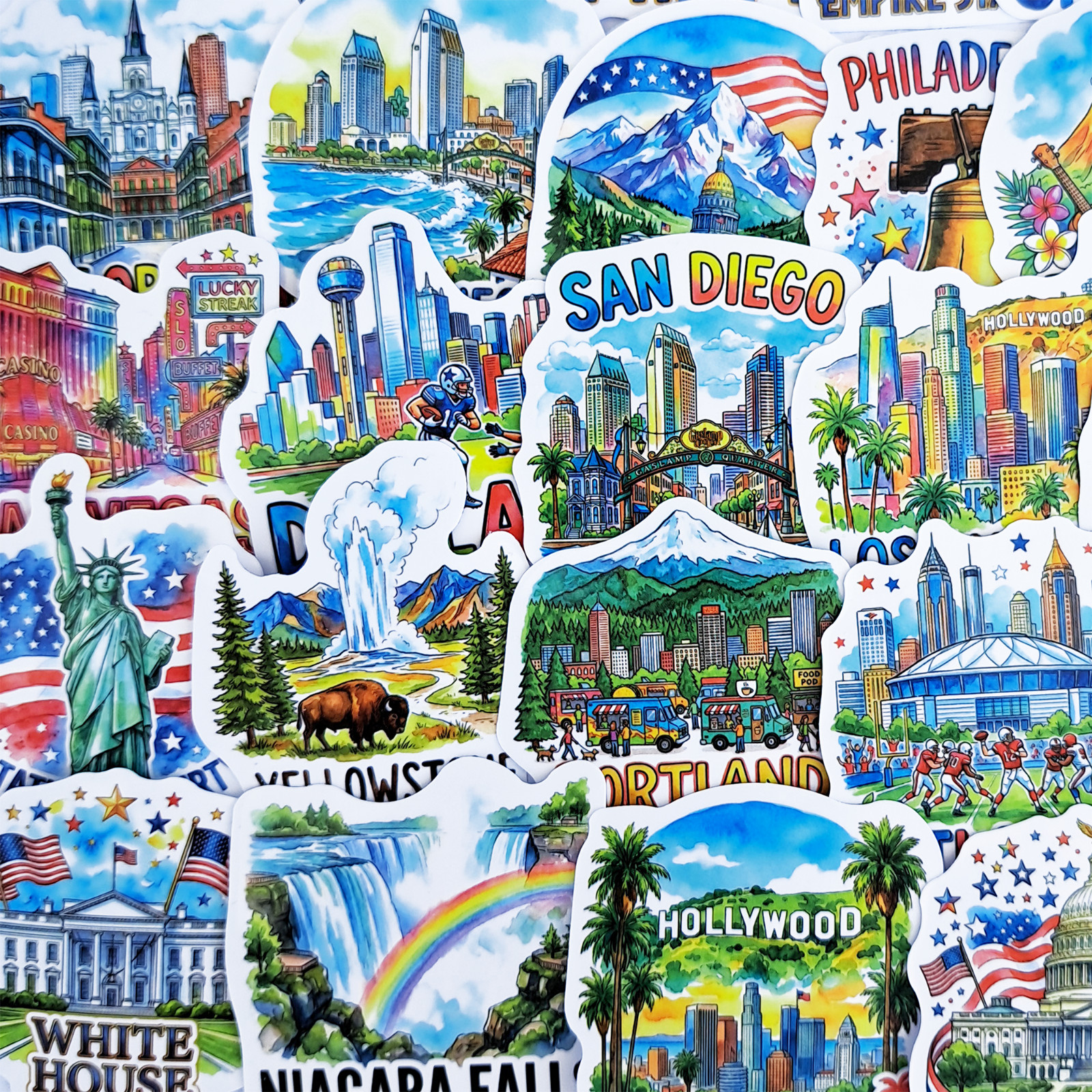 50 PCS USA Travel Sticker Pack American Landmarks Famous Places Journal