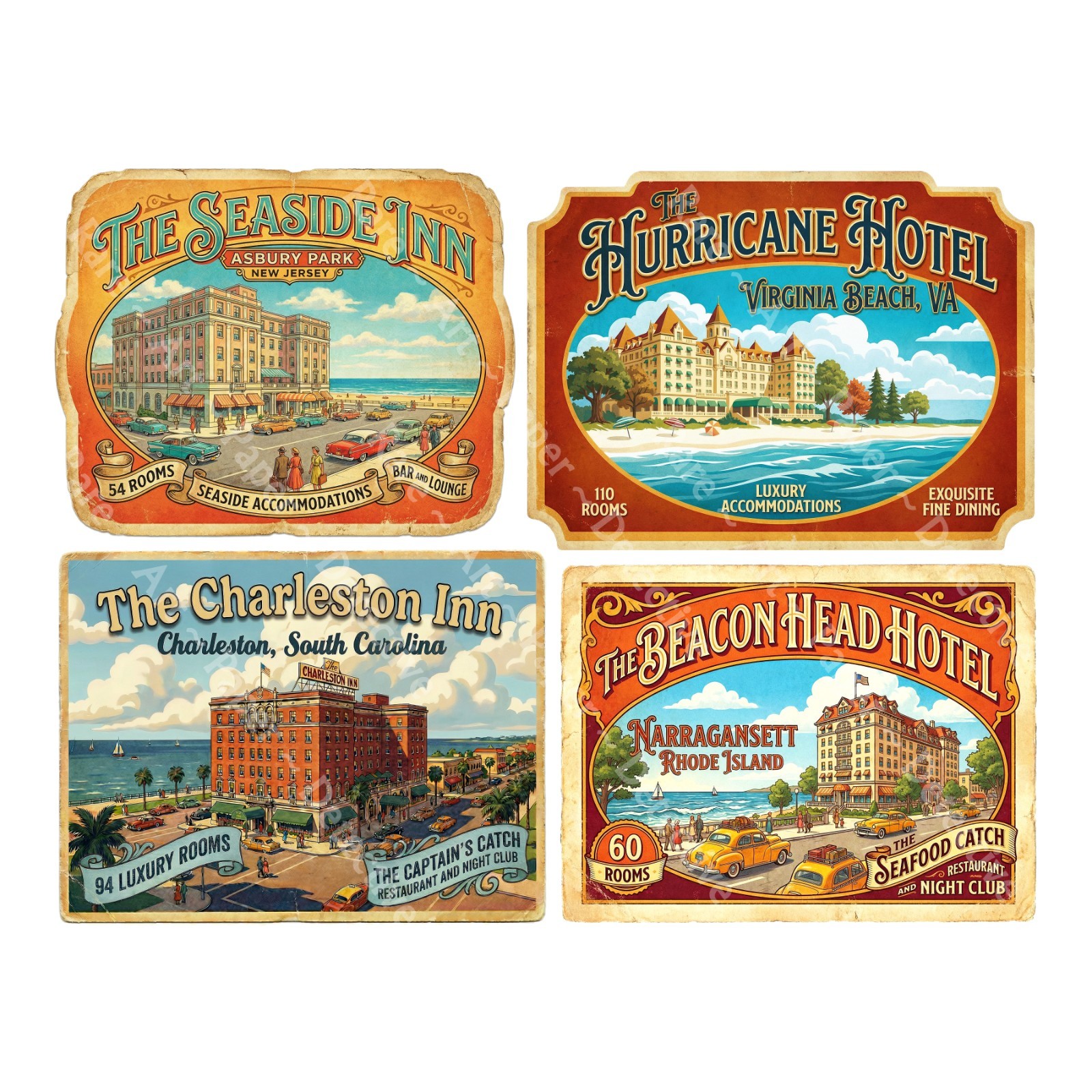 Vintage Coastal Luggage Stickers, 4 Retro Labels on 1 Cut & Peel Sheet, 1379