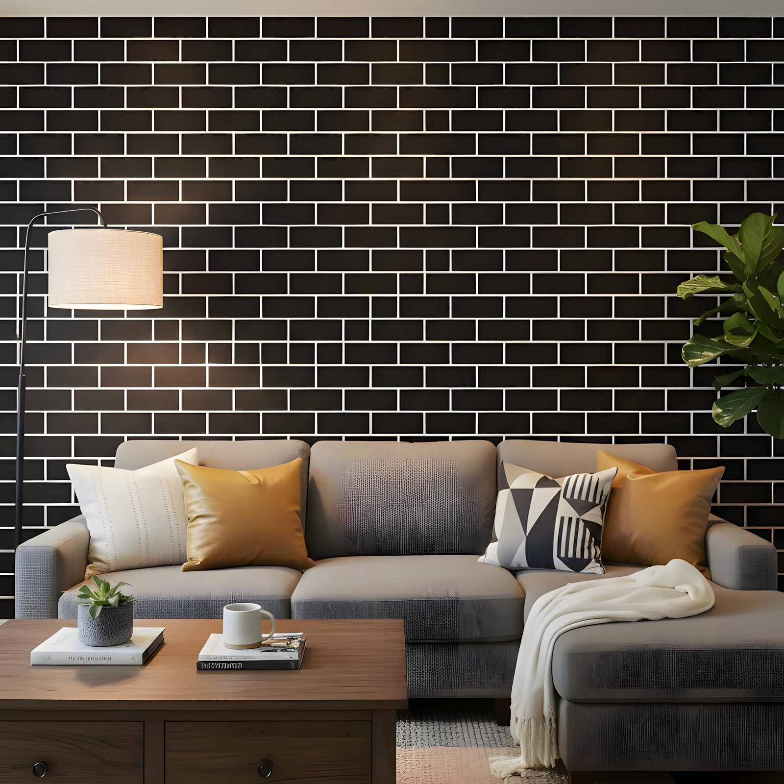 Black Brick Peel and Stick Wallpaper 17.7 x 196.8 Inch Faux Subway Tile Patte…