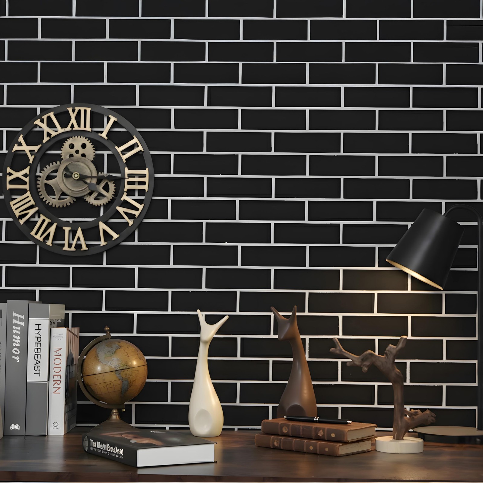 Black Brick Peel and Stick Wallpaper 17.7 x 196.8 Inch Faux Subway Tile Patte…