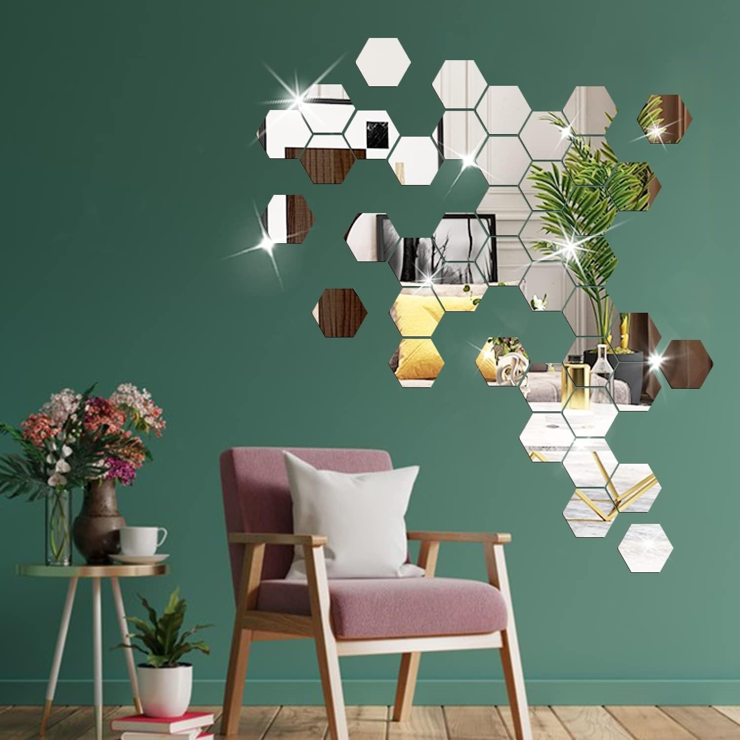 24Pcs Large Hexagonal Mirror Wall Stickers Boho Living Room Background Wall Art