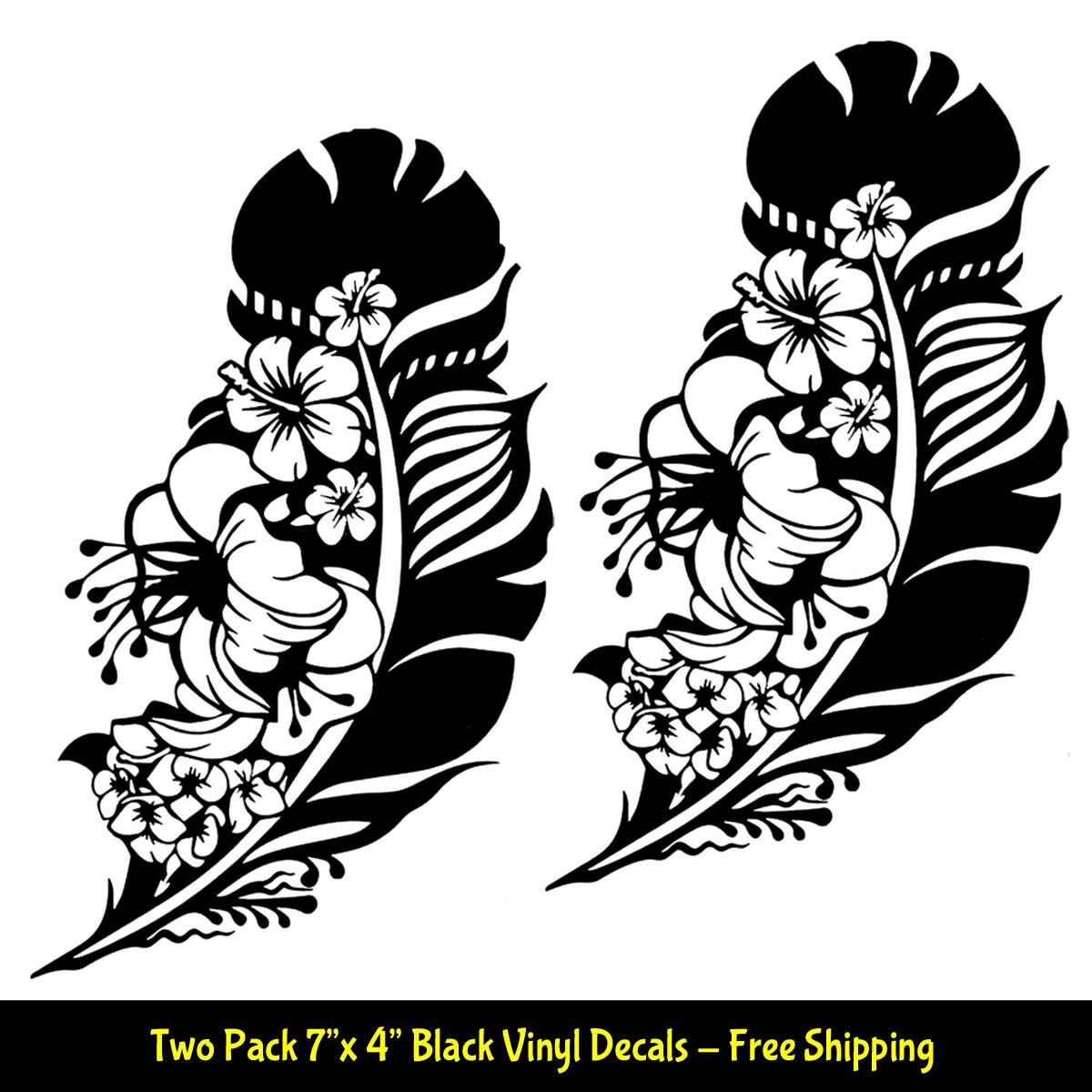 Hibiscus Hawaiian Flower Botanical Feather 2 Pk 7" Black Vinyl Decals Car Window
