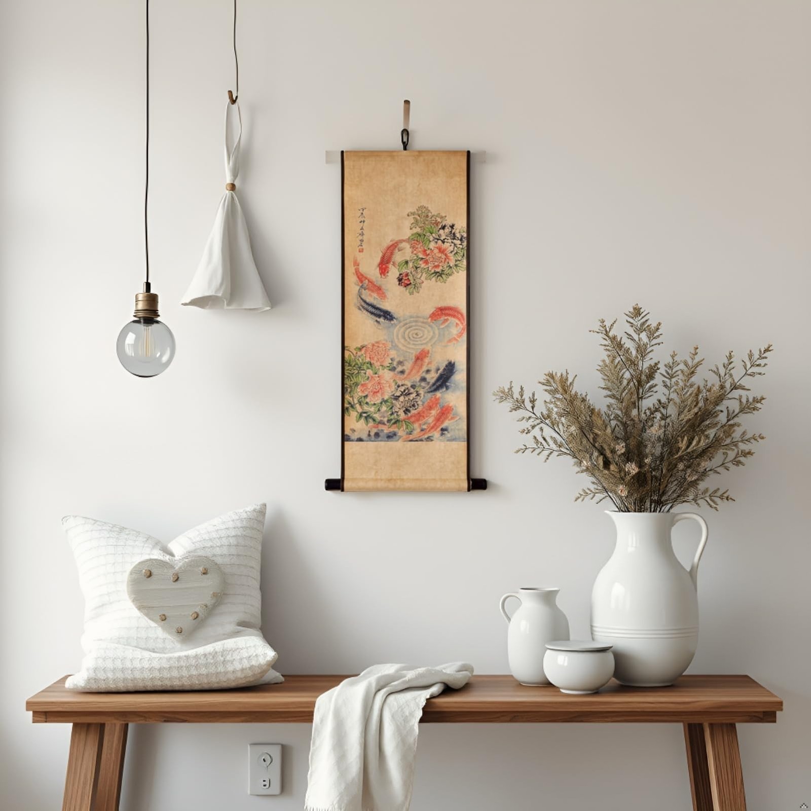 Koi Fish Wall Japanese Art Painting Poster, Feng Shui Yin Yang Paper Wooden B…