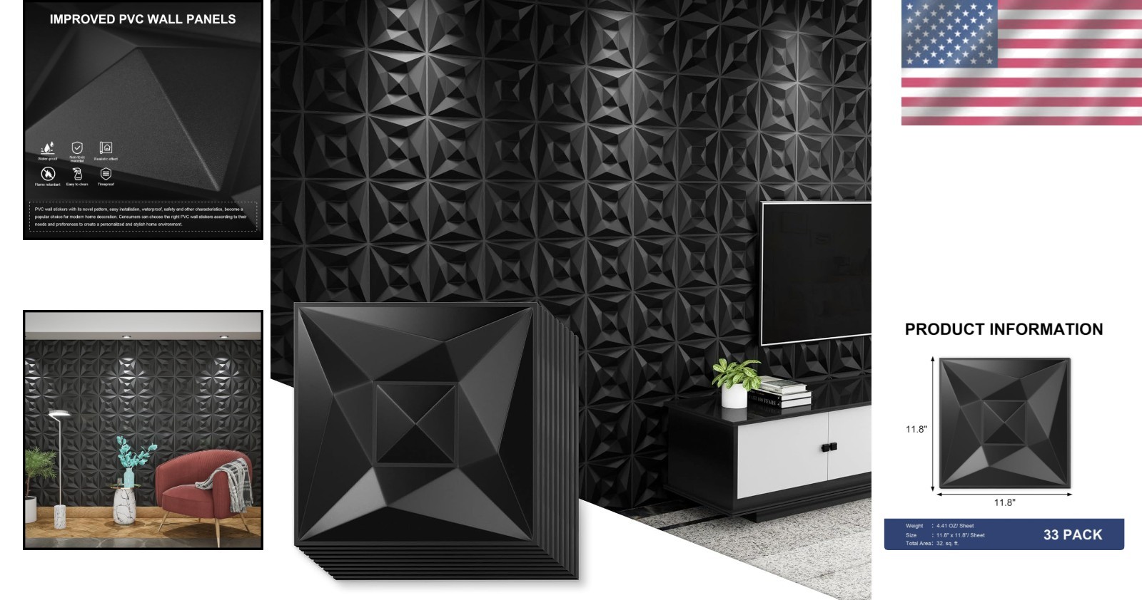 Paintable Black PVC 3D Wall Panels 33 Pack 11.8"x11.8" for Creative Interiors