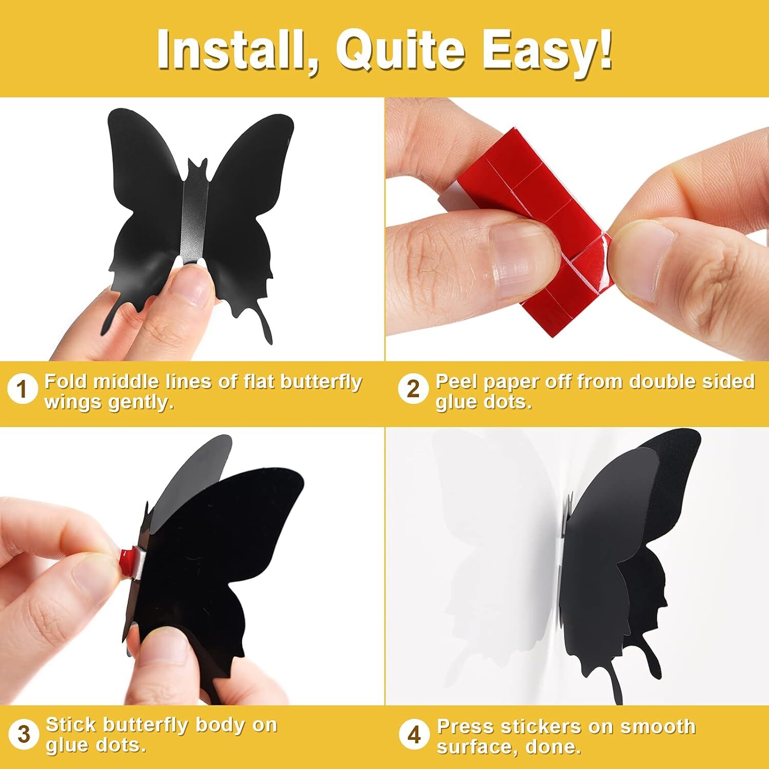 3D Butterfly Wall Decor 48pcs Black Polished Butterflies Stickers