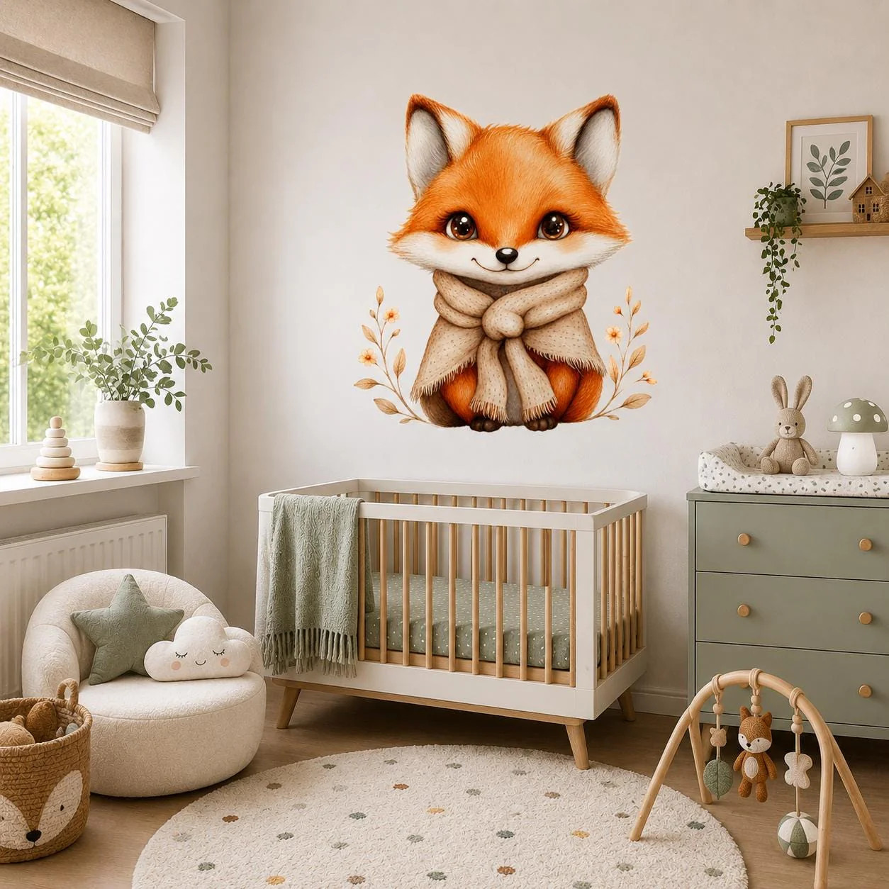 Cute Fox Wall Vinyl Decal | Watercolor Baby Fox Sticker With Scarf