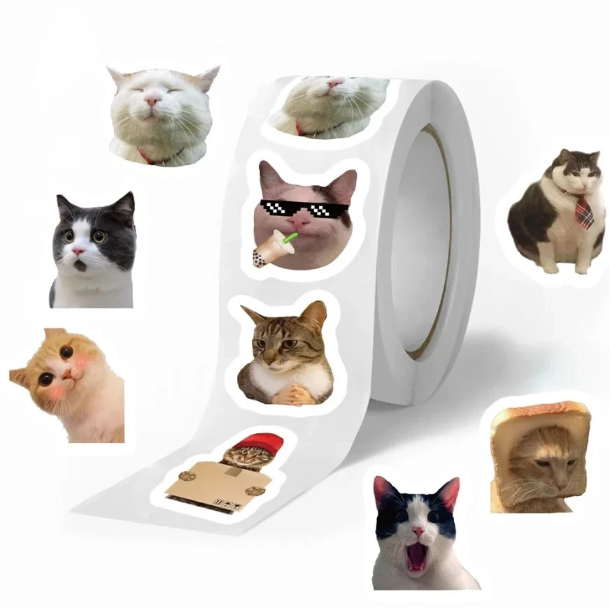 500pcs Roll Funny Cat Meme Stickers Waterproof Cartoon Graffiti Decals – NEW