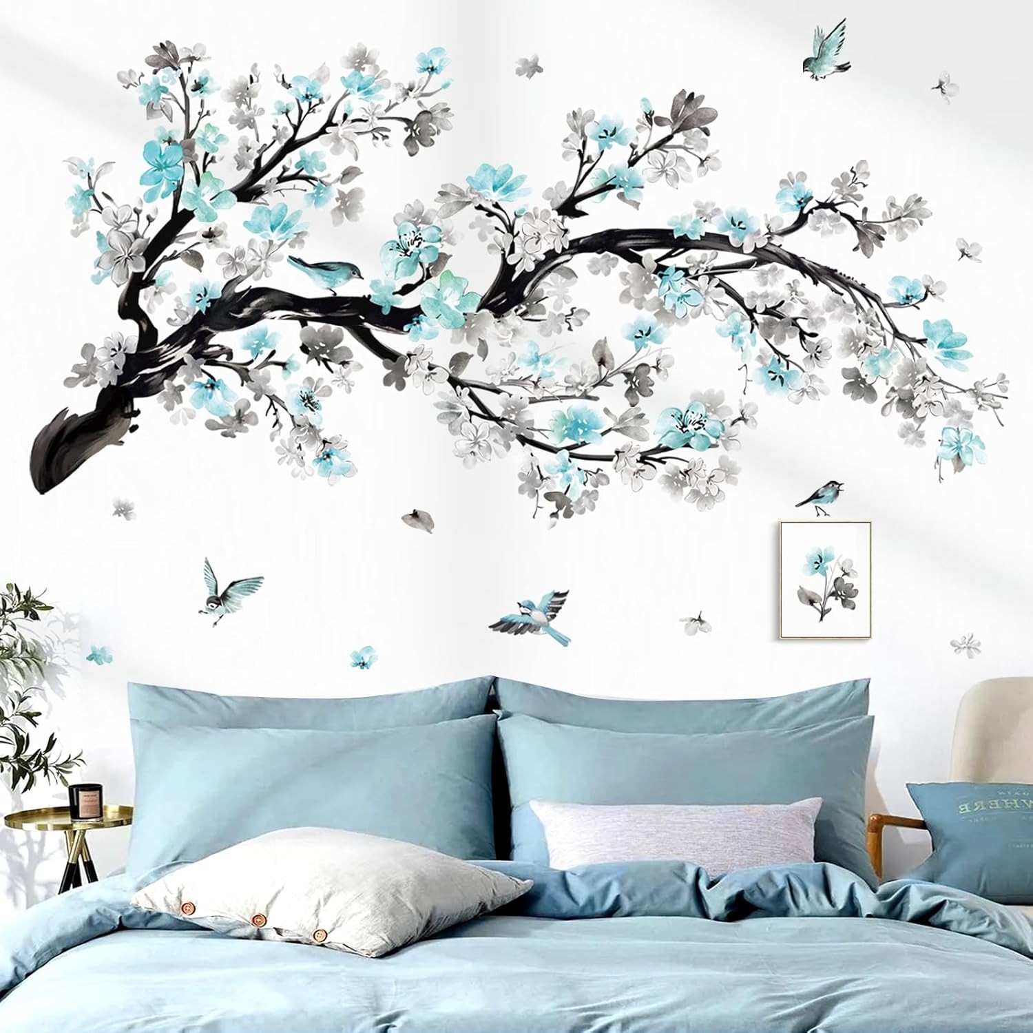 Watercolor Blue Flower Branch Wall Stickers Blossom Tree Floral Birds Peel and S
