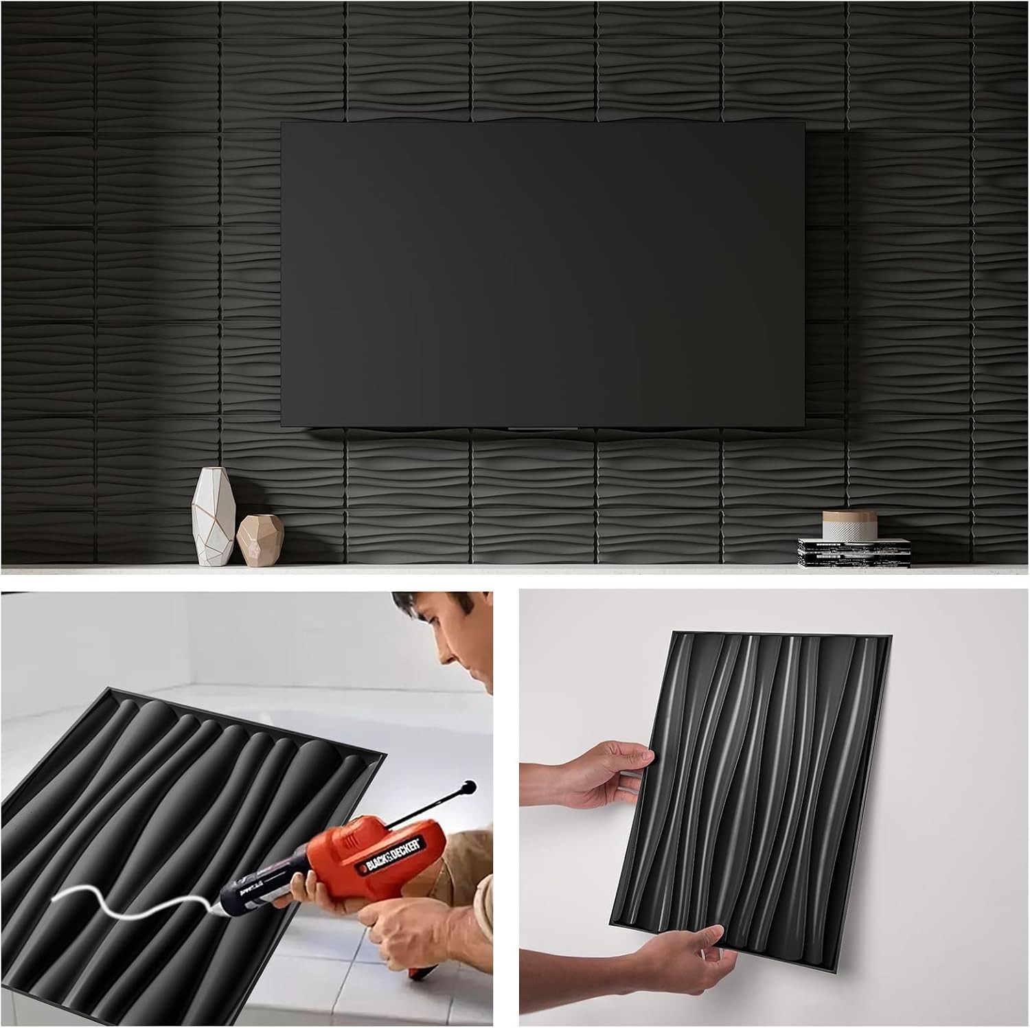 Art3d 24-Pack 3D Wall Panels for Interior Décor, 15.7 x 11.8 Inch, Black