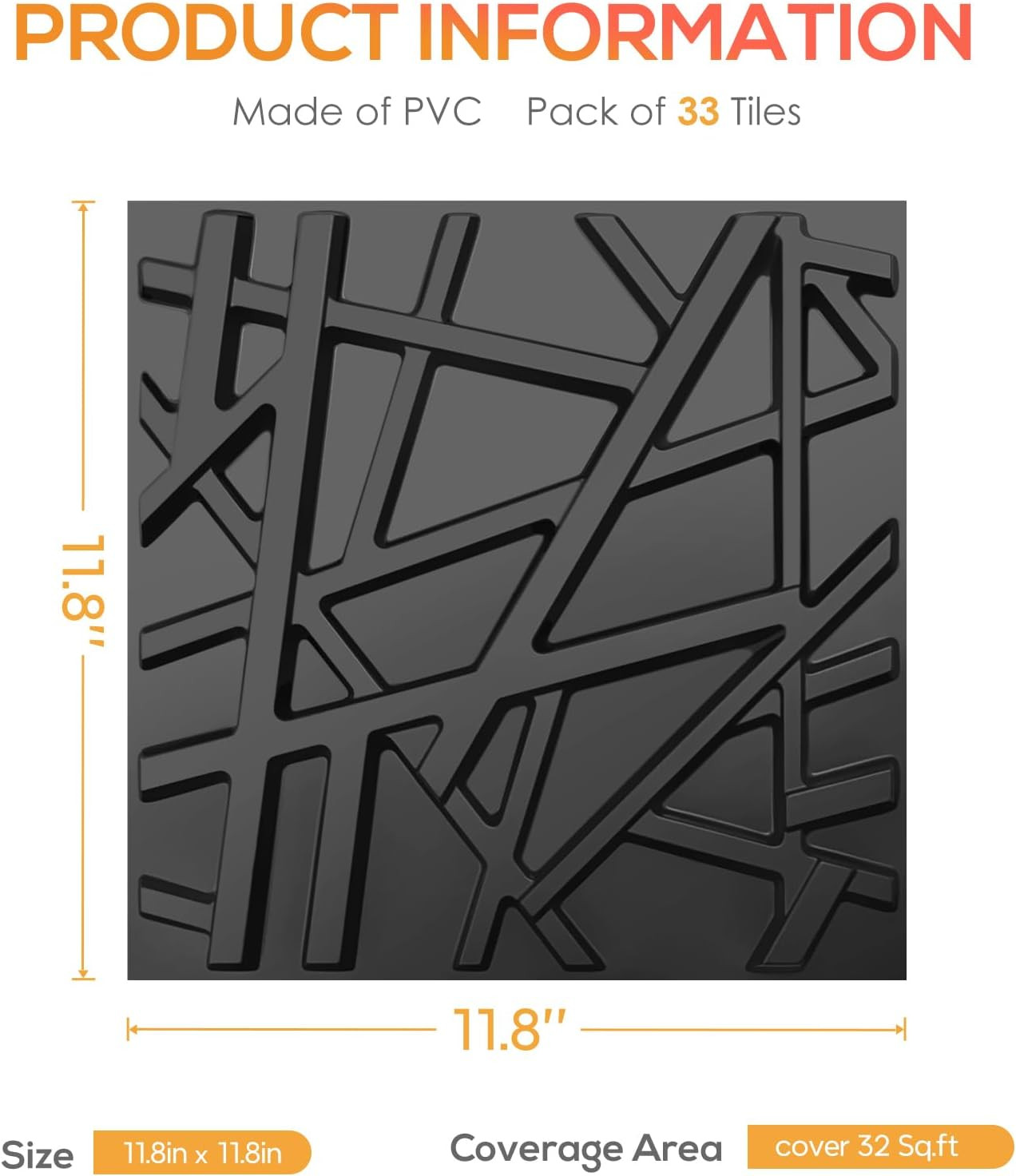 33 Pack 3D Wall Panels for Interior Wall Decor, 11.8"X11.8" Black Accent Textu