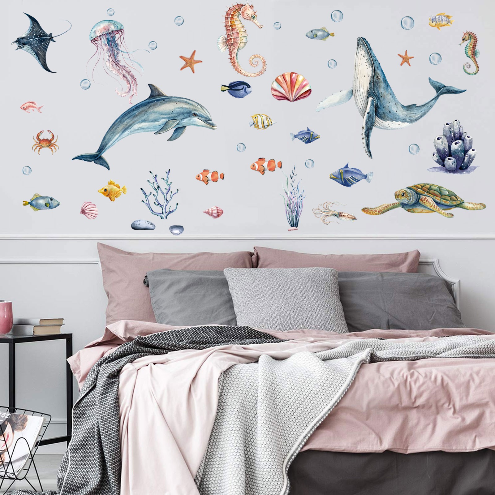 2x Glow-in-the-Dark Ocean Wall Stickers Self-Adhesive Marine Life Decor for Kids