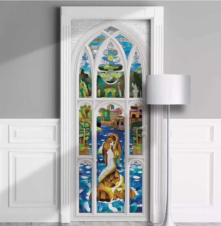 Stained Glass Mermaid Window Door Mural, White, Peel n Stick, Sticker Cover Wrap