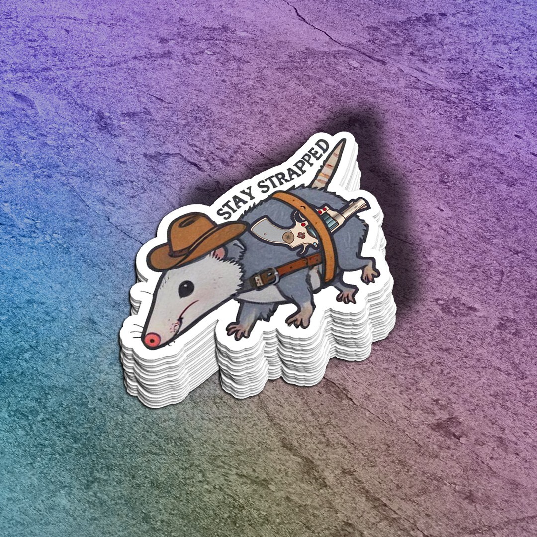 Funny "Stay Strapped" Possum Vinyl Sticker: Laptop, Water Bottle Decal