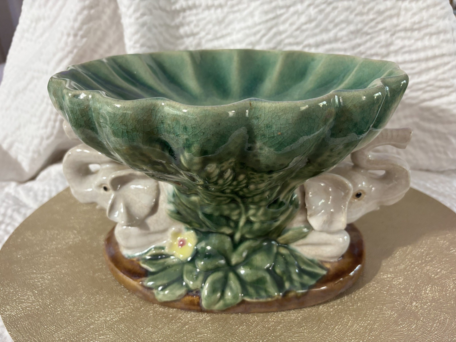 Vintage Italian Majolica Elephant Pedestal Centerpiece Fruit Bowl