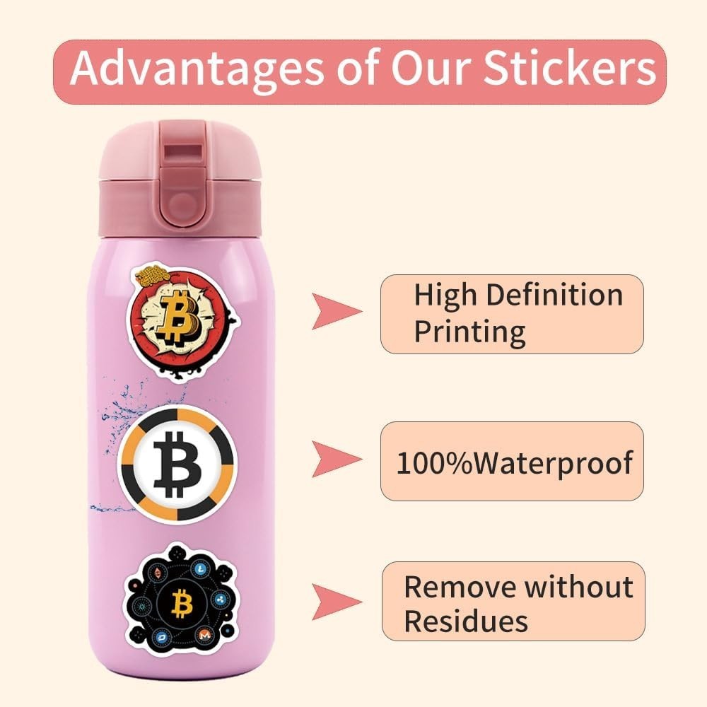 Decorate with Style – 60pcs Waterproof Bitcoin Crypto Stickers for All Ages