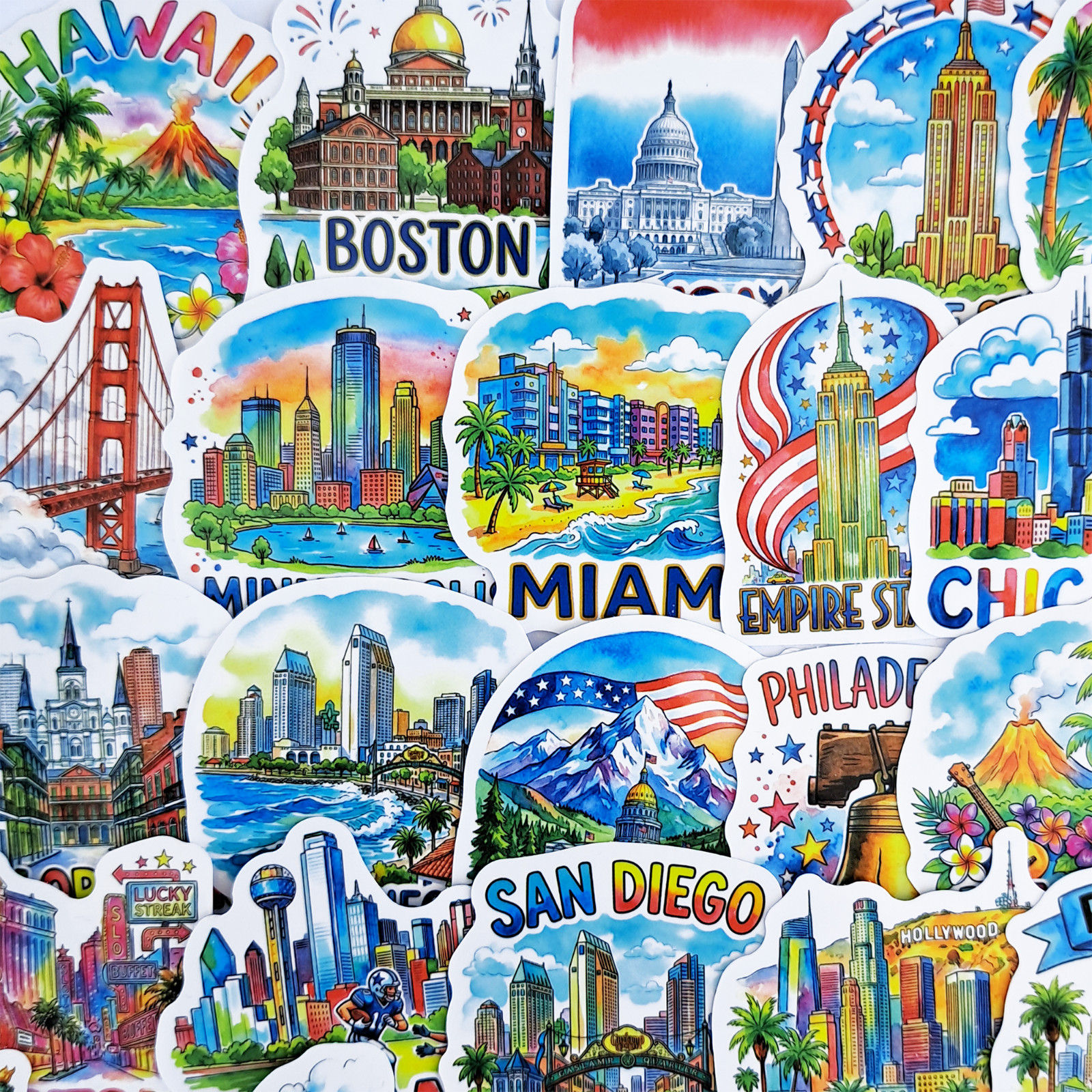 50 PCS USA Travel Sticker Pack American Landmarks Famous Places Journal