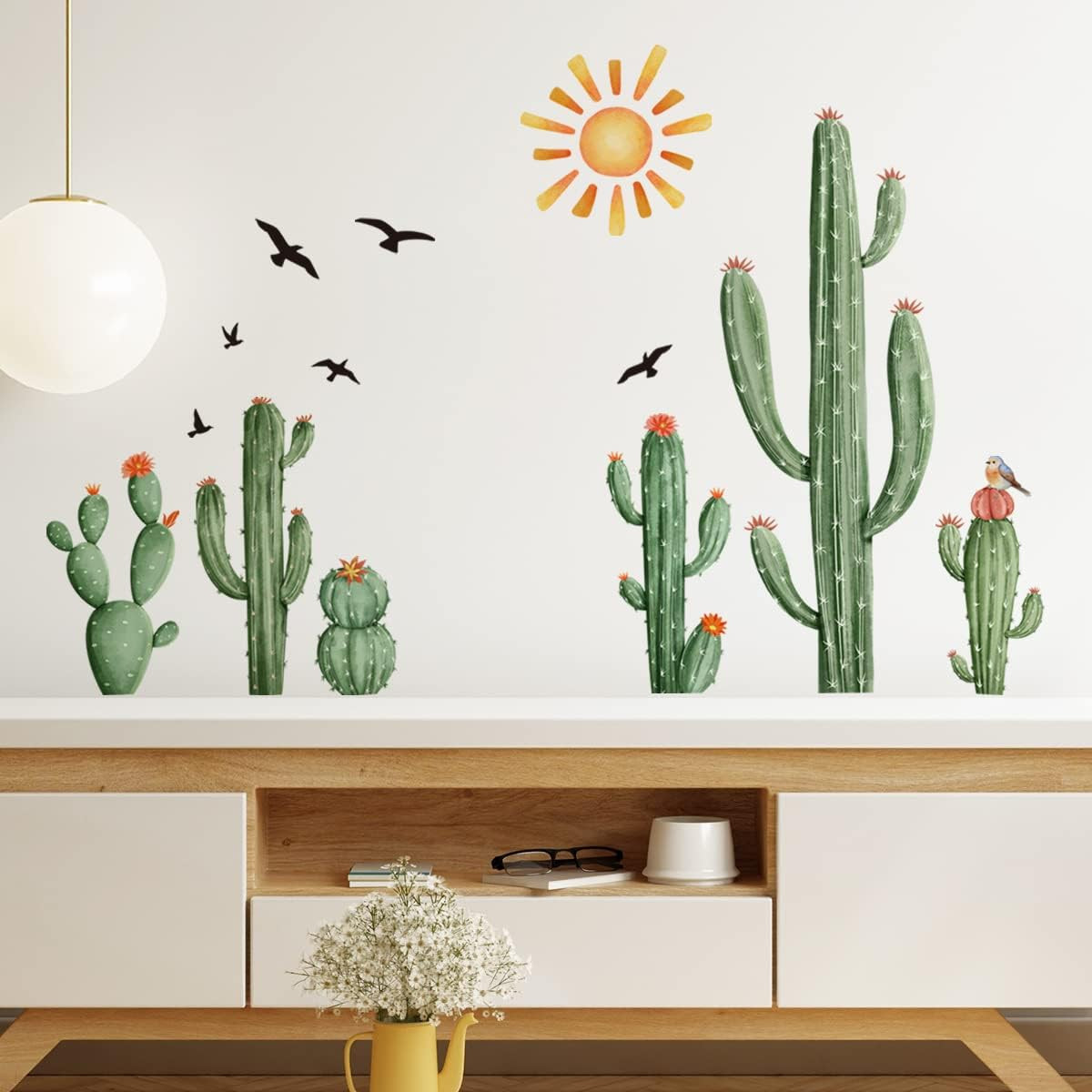 Boho Cactus Wall Decals Boho Sun Wall Stickers Tropical Cacti Green Plants with