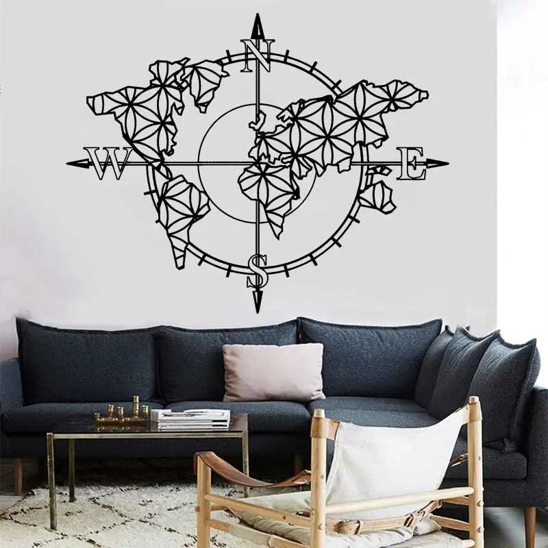 Flower of Life World Map Compass Vinyl Wall Sticker Home Boho Art Wall Modern