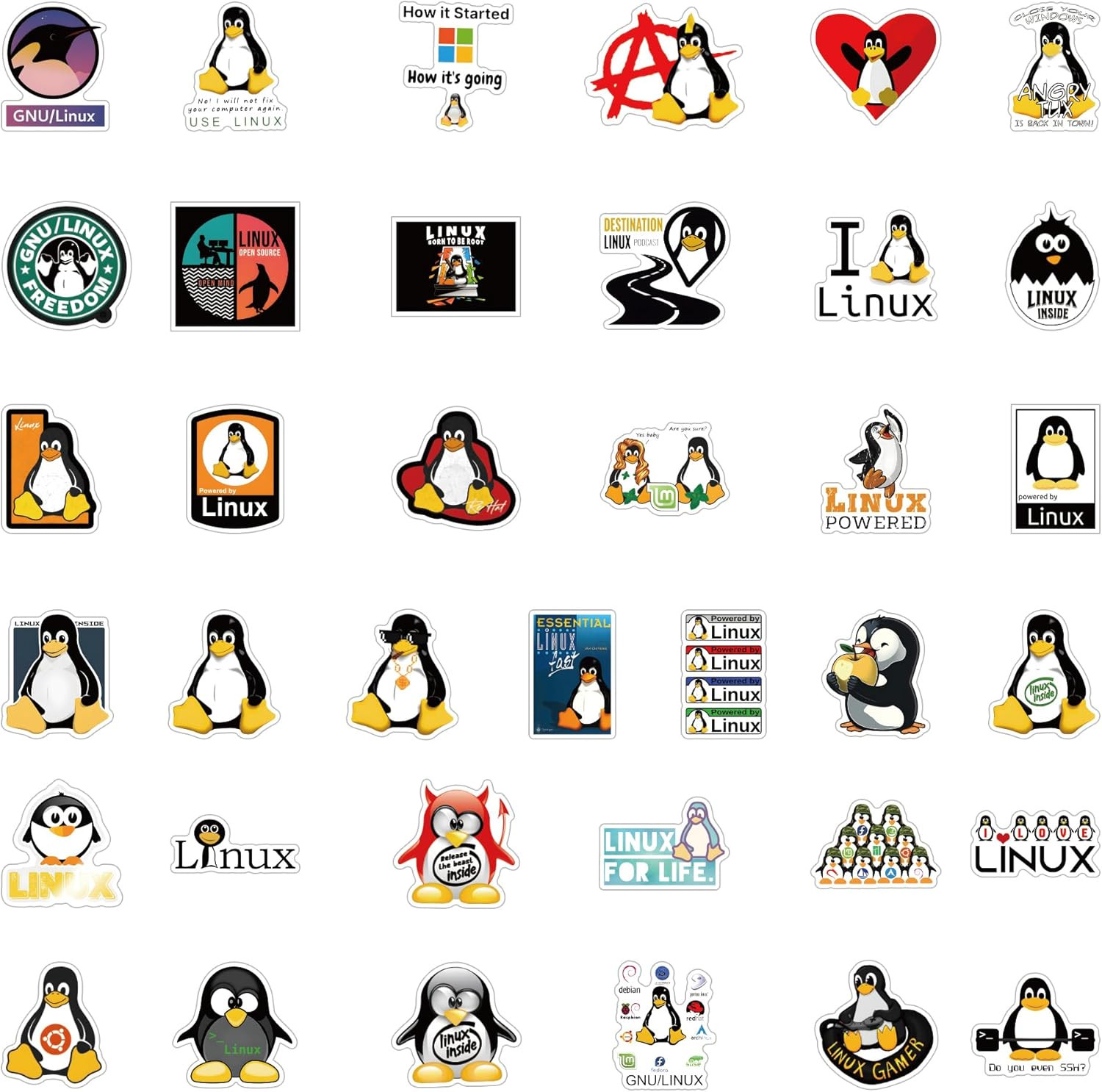 Linux Stickers 62pcs Work Decals Aesthetic Waterproof Vinyl Pack White