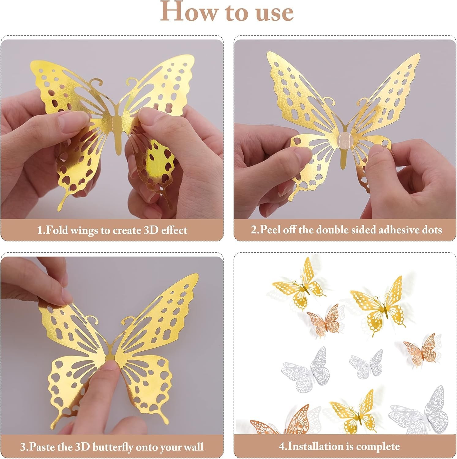 72 Pcs 3D Butterfly Wall Decor – Gold, Silver & Rose Gold – Removable Stickers