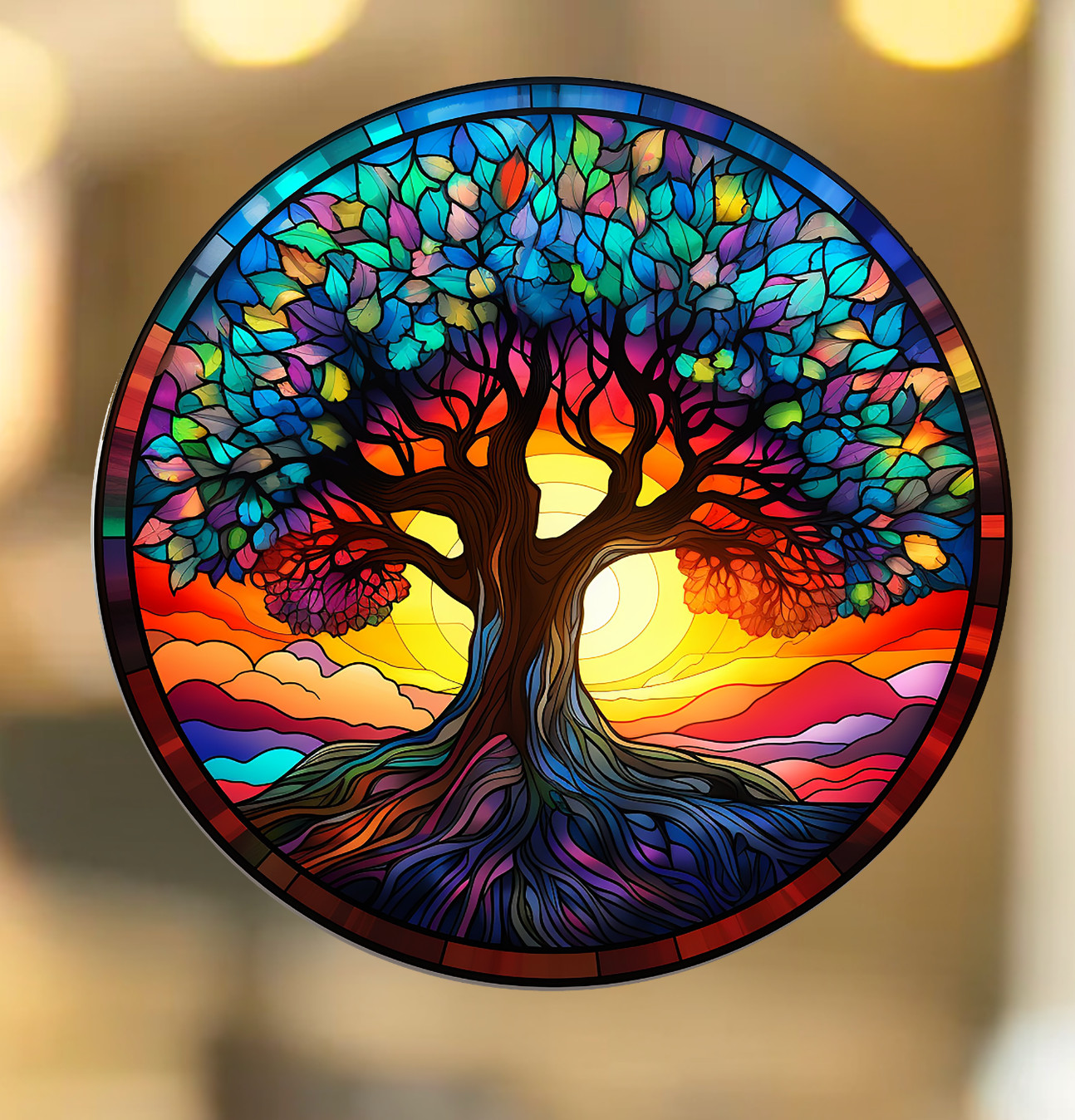 Tree of Life Round Faux Stained-Glass WINDOW CLING Size 8" Round Vinyl