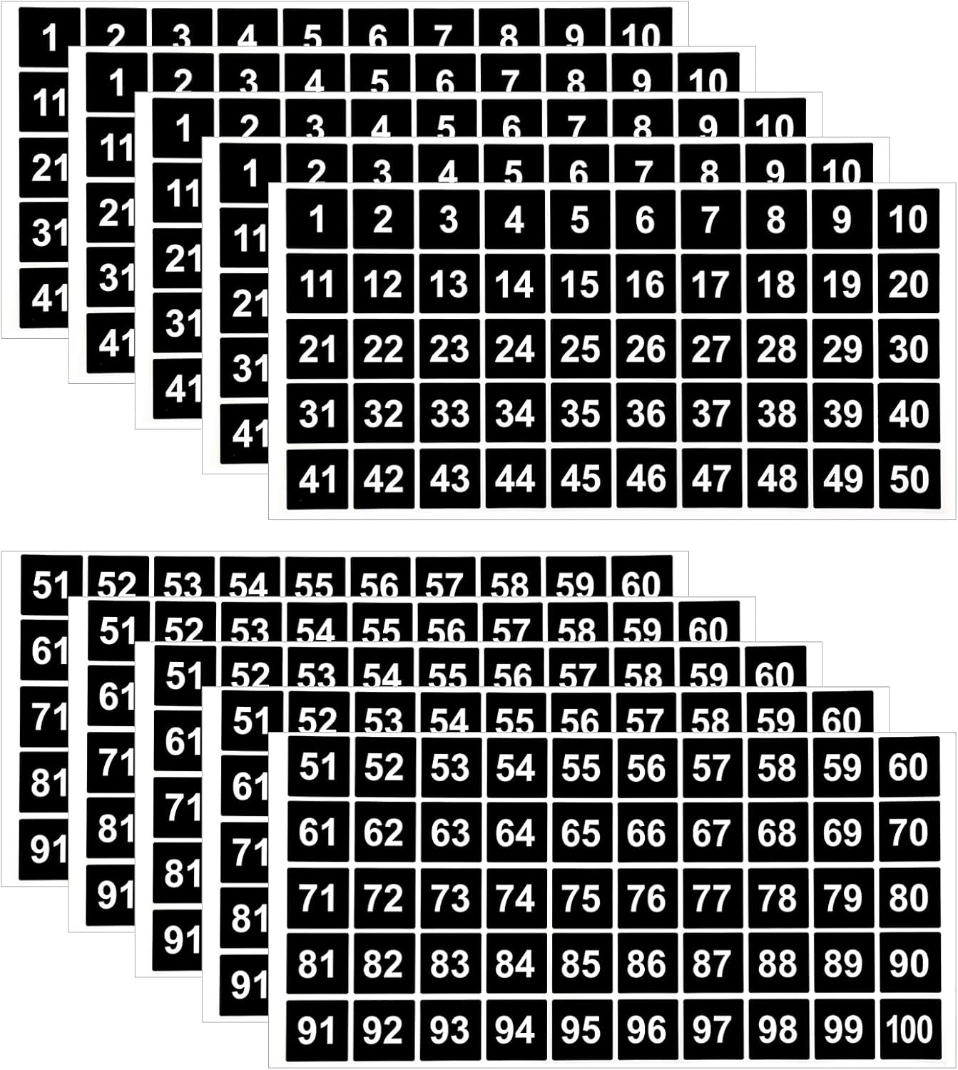 AIEX 10 Sheets Number Stickers 5 Sets of 1-100 Vinyl 1*1 inches, Black, White