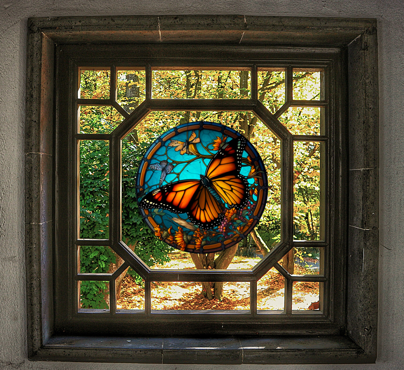 Monarch Butterfly Faux Stained-Glass WINDOW CLING Size 8" Round Vinyl