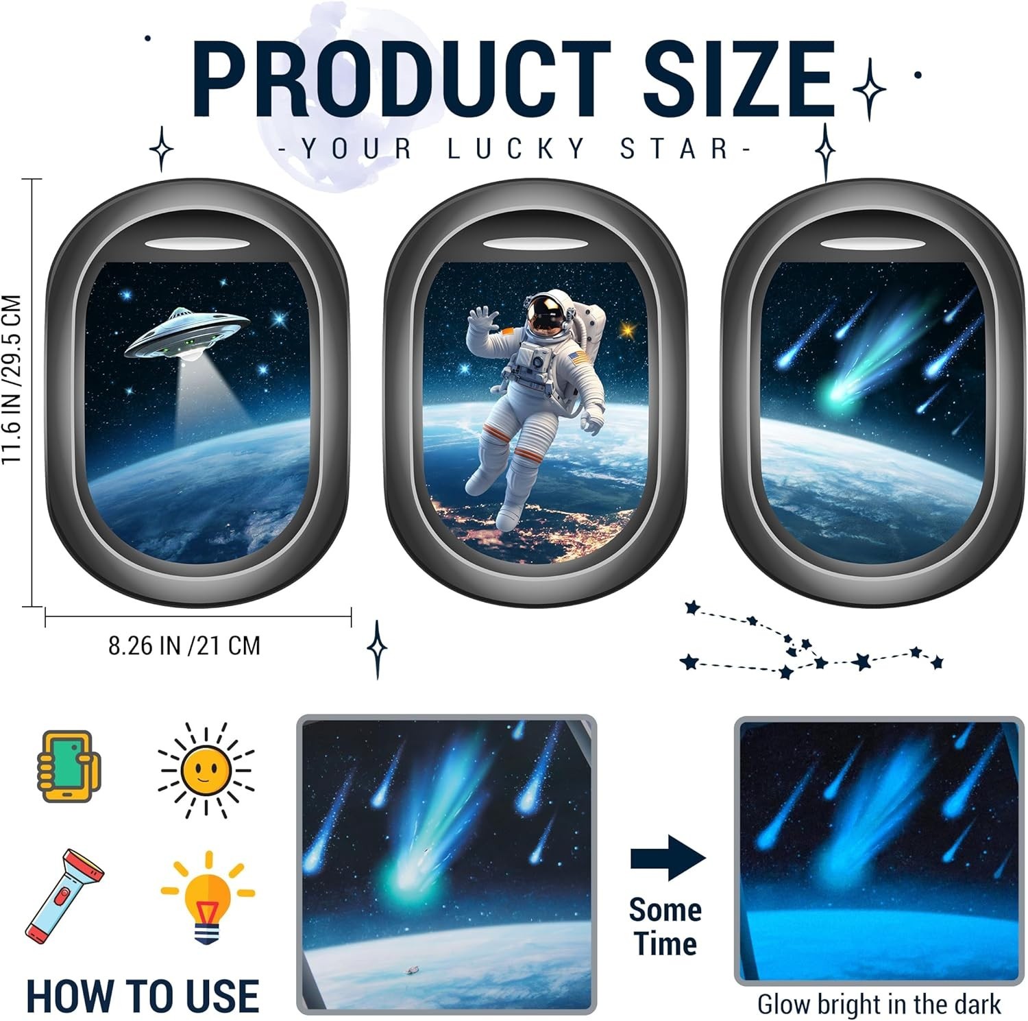 Glow in The Dark 3D Space Wall Decals, Set of 3 Galaxy Window Stickers for Wa…