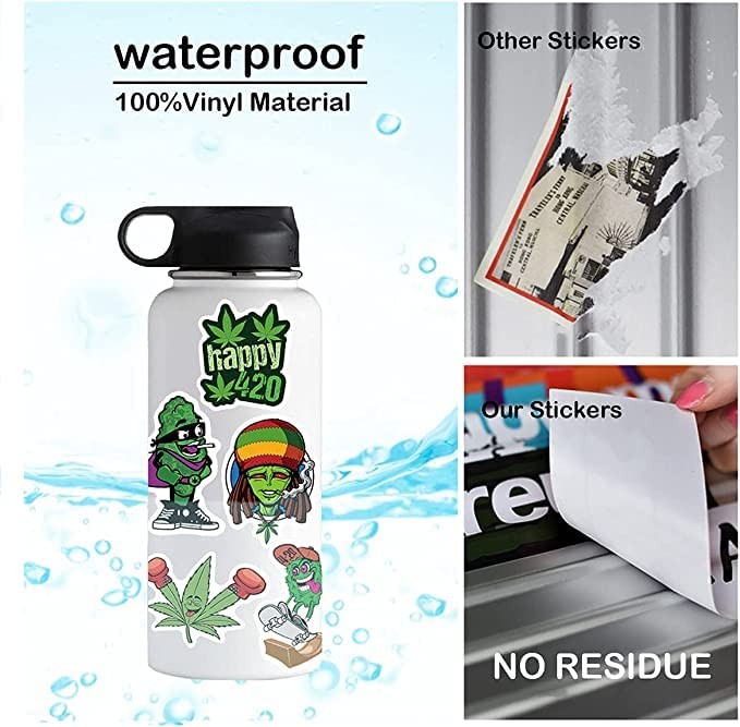 100PCS Stoner Weed Stickers, Vinyl Waterproof Green Marijuana Stickers