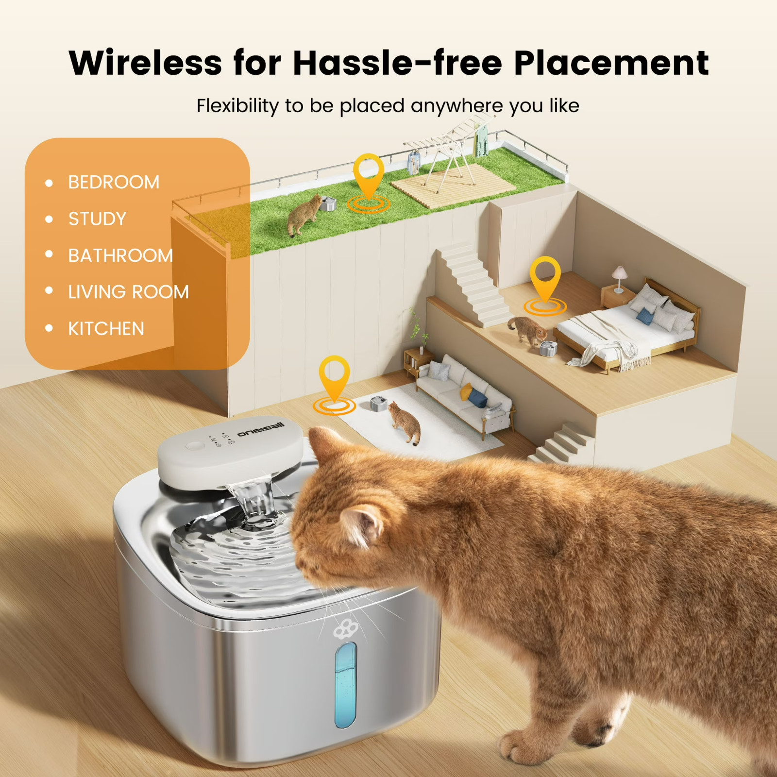 Oneisall CW-01 Wireless Cat Water Fountain 304 Stainless Steel, 3.5L/118oz