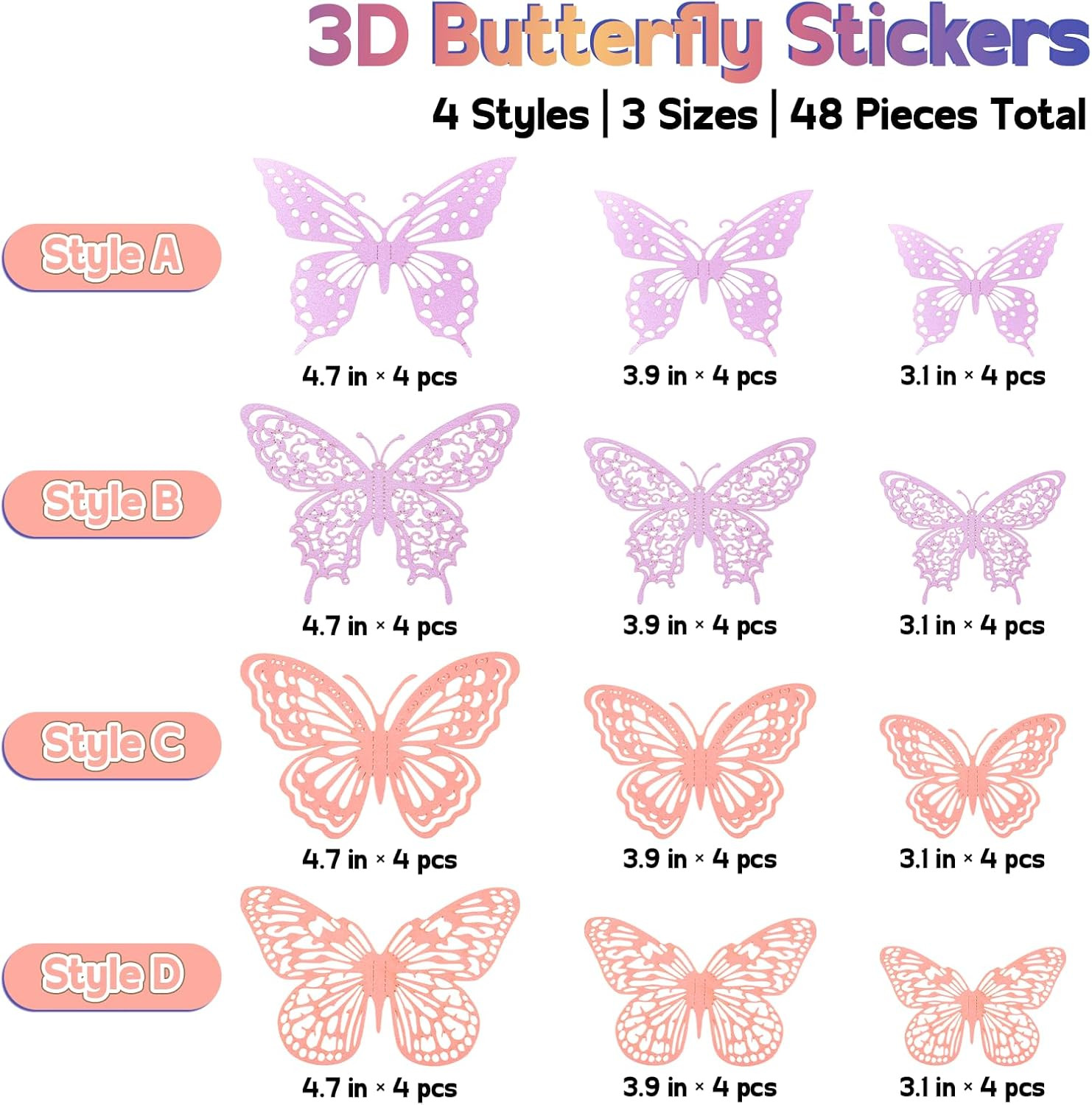 Butterfly Wall Decor, 48Pcs 3D Butterfly Stickers in 3 Sizes & 4 Styles for Ball