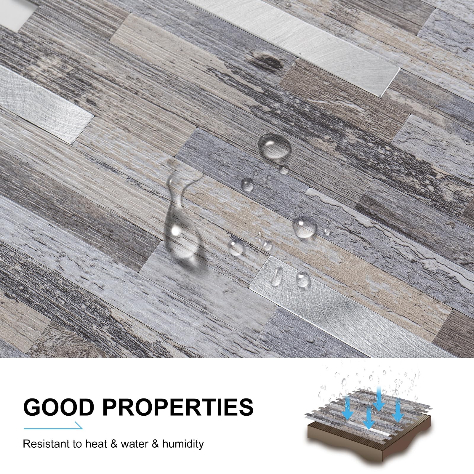 10-Peel and Stick Backsplash, Distressed Wood with Metal Silver Adhesive Wall…
