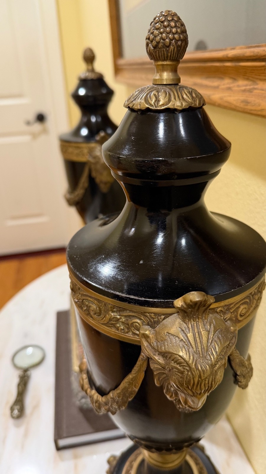 PAIR OF FRENCH LOUIS XVI RAM HEAD BRONZE URNS:MAITLAND SMITH
