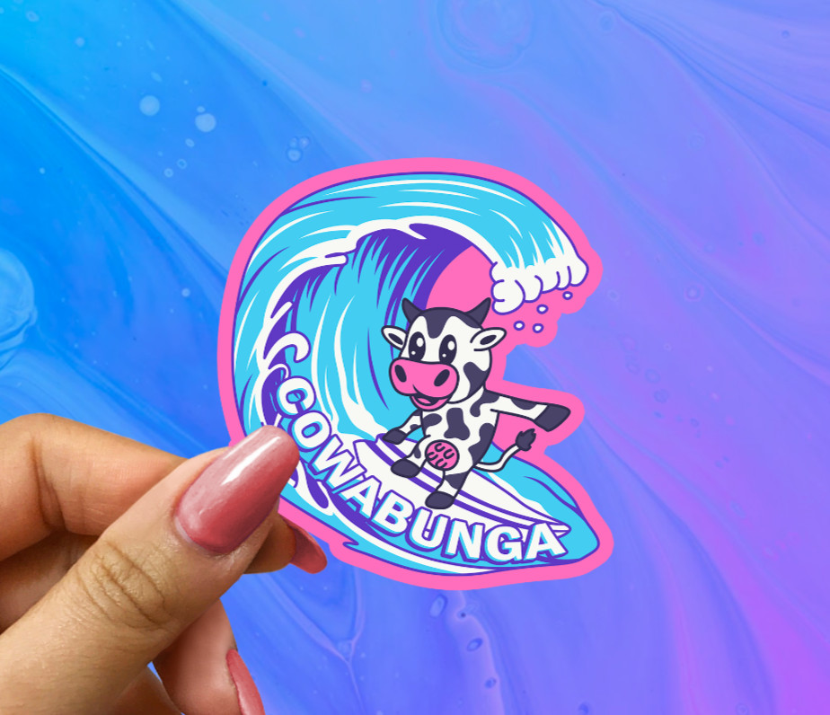 Cowabunga Sticker with Surfing Cow – Funny Animal Decal