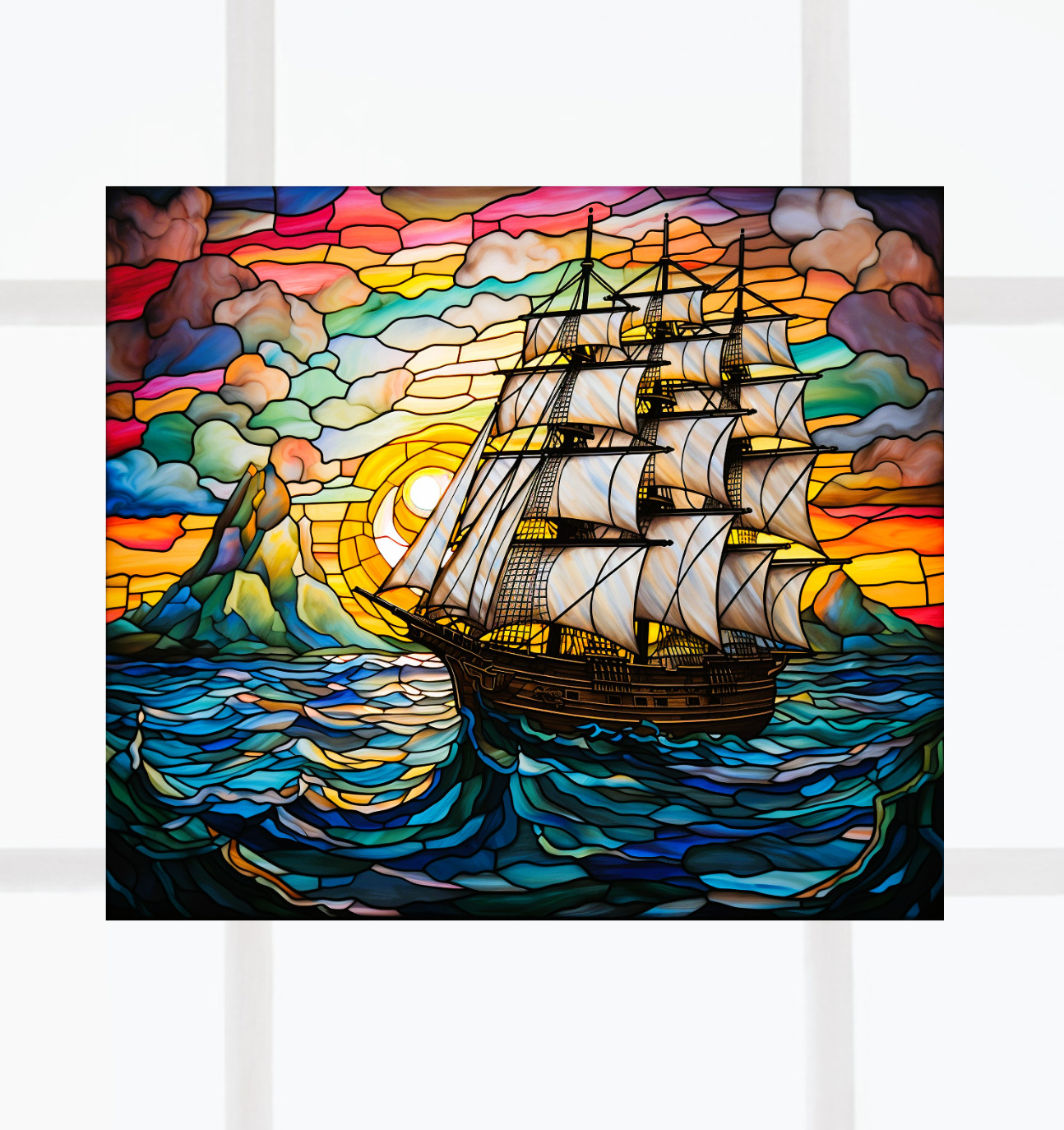 Sailing Ship at Sunset Faux Stained-Glass WINDOW CLING Size 9.1" Vinyl