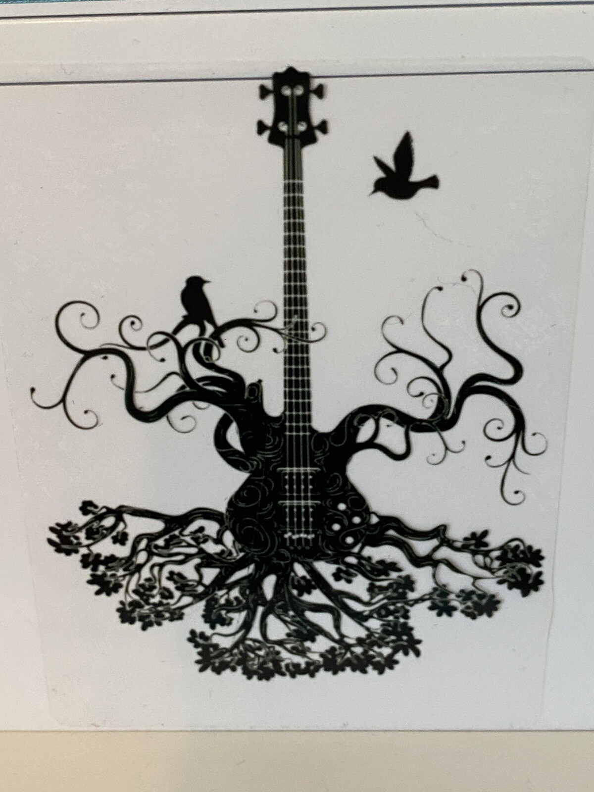 Beautiful Guitar Sticker On Clear (3.5 Inch) Tree Bird Spiral Roots